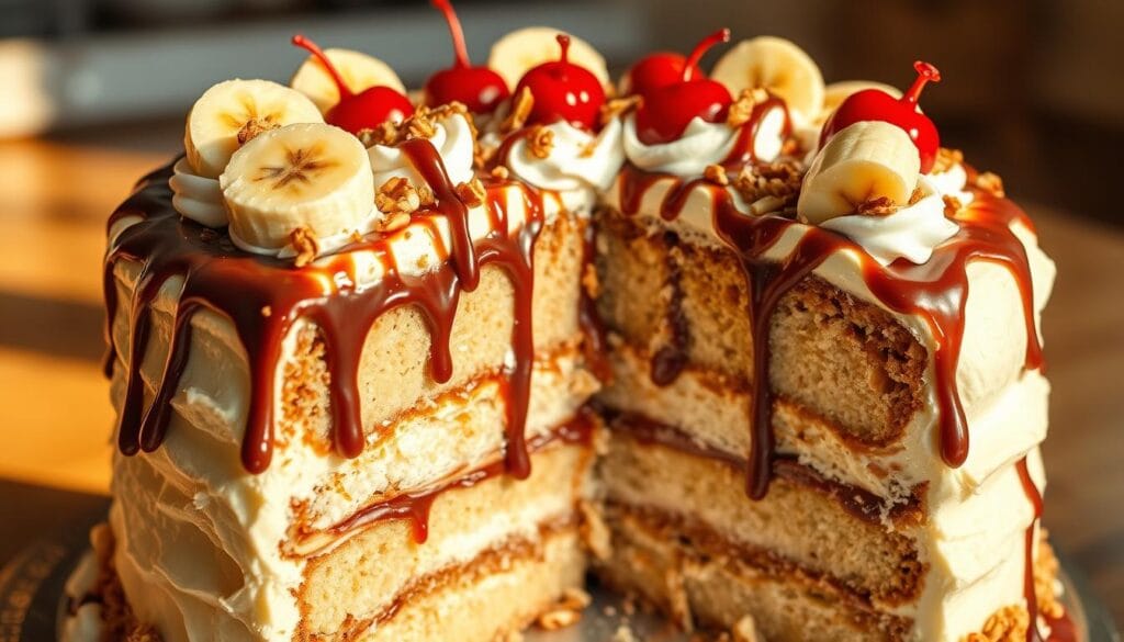 A layered banana split cake with caramel drizzle, whipped cream, banana slices, and cherries, with a slice removed to reveal its moist interior