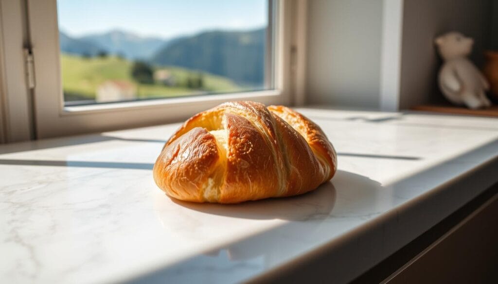 A freshly baked golden-brown croissant resting on a marble countertop with a scenic countryside view through the window.