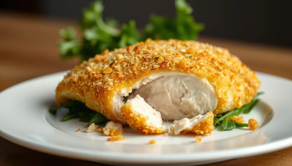 A golden-brown, crispy parmesan-crusted chicken breast served on a white plate with fresh greens. The tender white meat is exposed, showing a juicy and flavorful interior