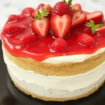 A homemade strawberry cake with layers of cream cheese frosting, topped with fresh strawberries and a glossy strawberry glaze.