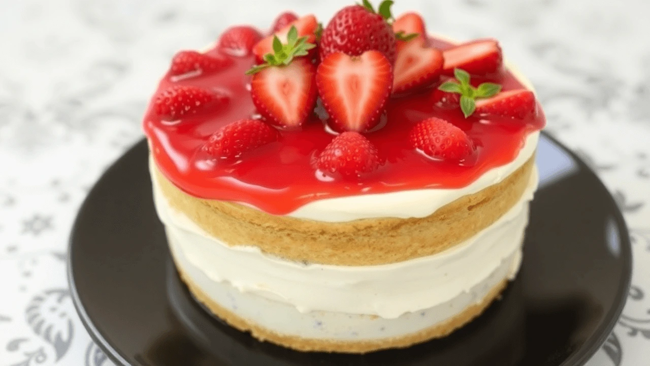 A homemade strawberry cake with layers of cream cheese frosting, topped with fresh strawberries and a glossy strawberry glaze.