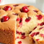 Cherry cake with a slice cut out, showing red cherries embedded in the soft cake.