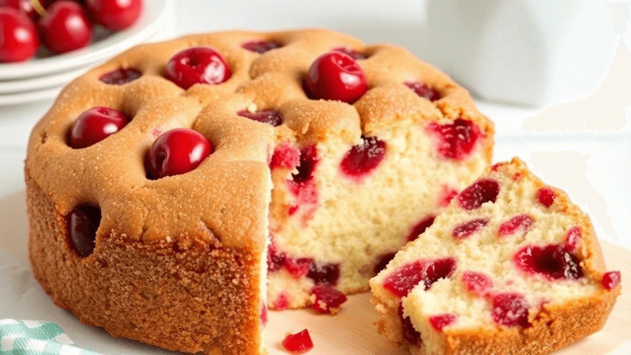 Cherry cake with a slice cut out, showing red cherries embedded in the soft cake.
